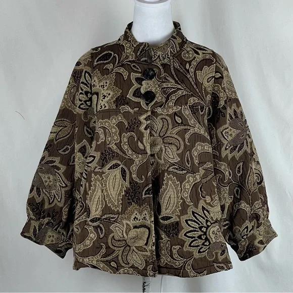 Vintage Brown Cream Tan Brocade Floral Jacket Size S - Picture 2 of 11